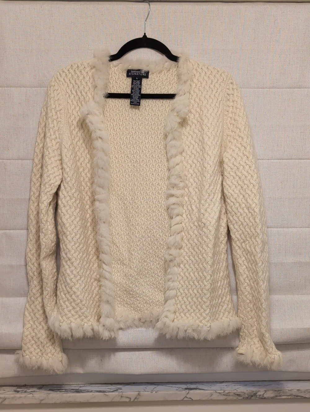 Quiet Luxury Jones NY Signature Studio Cream Rabbit Fur Trim Open-Front Cardigan